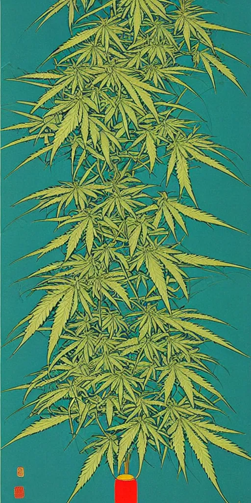 Image similar to A modern fine-art Chinese shanshui painting of cannabis tree with dank buds ready to harvest, full of amber trichome