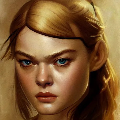 Prompt: ultra realistic portrait painting of elle fanning in metal gear solid, art by frank frazetta, 4 k, ultra realistic, highly detailed, epic lighting