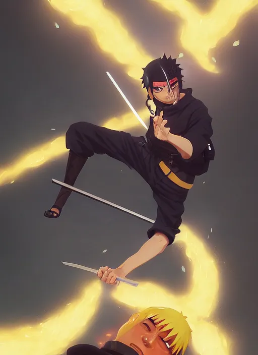 Image similar to highly detailed katana weilding naruto uzumaki with black hair, fighting with policeman art by greg rutkowski, loish, rhads, ferdinand knab, makoto shinkai and lois van baarle, ilya kuvshinov, rossdraws, tom bagshaw, global illumination, radiant light, detailed and intricate environment