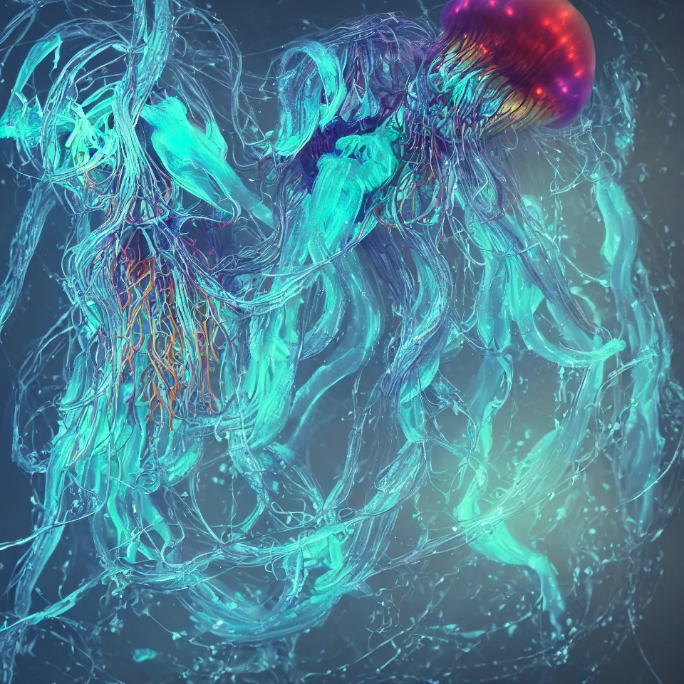 Image similar to a beautiful exquisite hyper detailed rendering of a bioluminescent jellyfish with flowing tendrils, vivid deep colors, scifi, realistic, octane render, vray render,