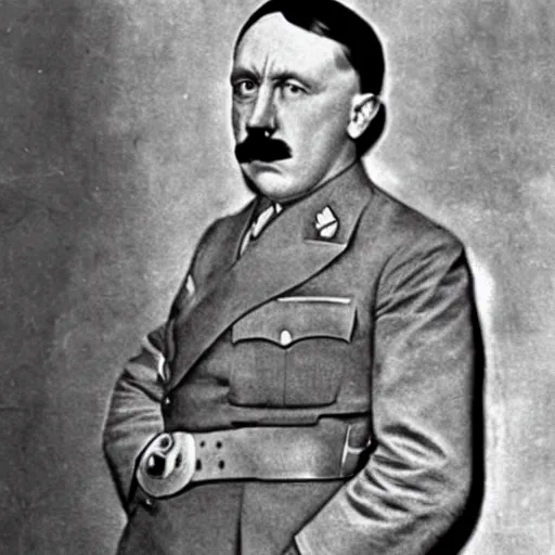 Image similar to adolf hitler as a muscular father of little mandrake, realistic,