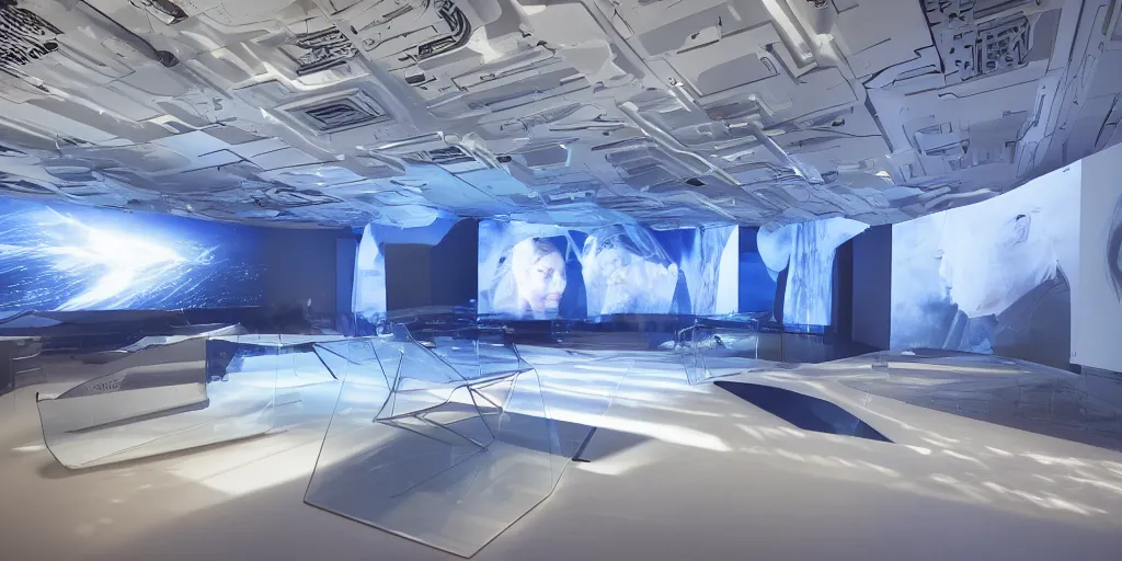 Prompt: stunning futuristic AI lab, projection screens, immersive graphics