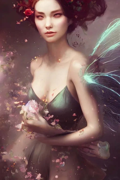 Image similar to face closeup beautiful girl fairy wearing velvet dress floating on water, 3 d render, holding electricity, hyper realistic detailed portrait, ruan jia, wlop, fantasy, hyper detailed, octane render, concept art, peter mohrbacher