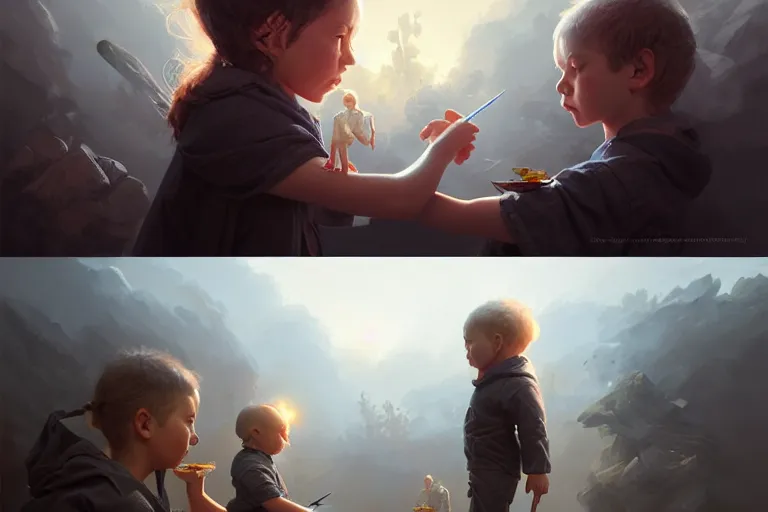 Image similar to metamorphosis of child becoming older adults, cinematic, highly detailed, digital painting, artstation, concept art, matte, sharp focus, illustration, art by artgerm and greg rutkowski