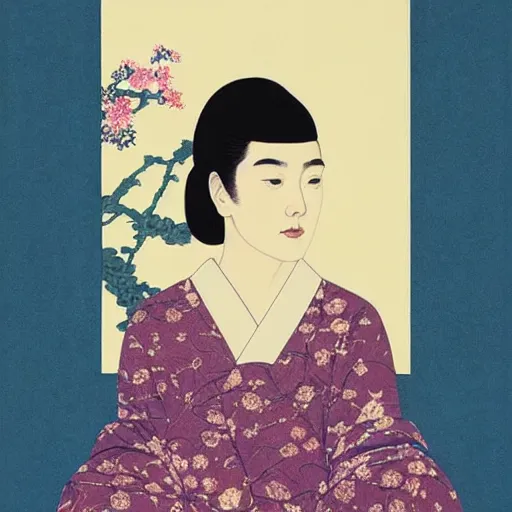 Image similar to “ florence pugh portrait by ikenaga yasunari and ayana otake and ko rakusui, 6 0 s poster, drawing, realistic, sharp focus, japanese, dreamy, nostalgia, faded, golden hues, floral clothes ”