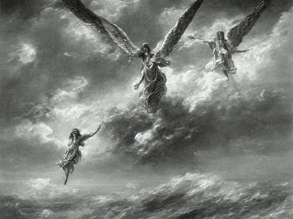 Image similar to seraphim angel in the sky flying on the sea painted by gustave dore