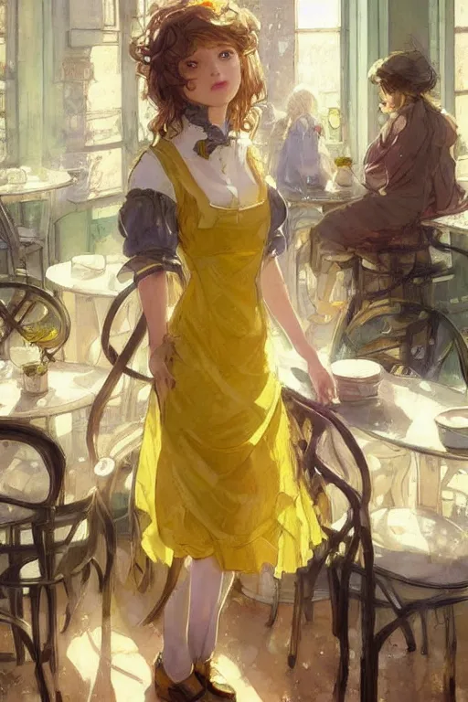 Image similar to A girl in a maid's outfit in a cafe a afternoon, wavy hair yellow theme,S line,45 angel by krenz cushart and mucha and trnyteal and greg rutkowski