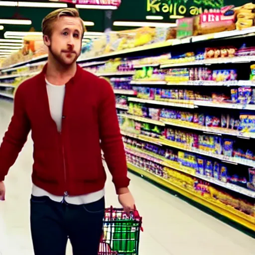 Image similar to ryan gosling in grocery store, go pro camera, hyperrealistic, 8k footage,