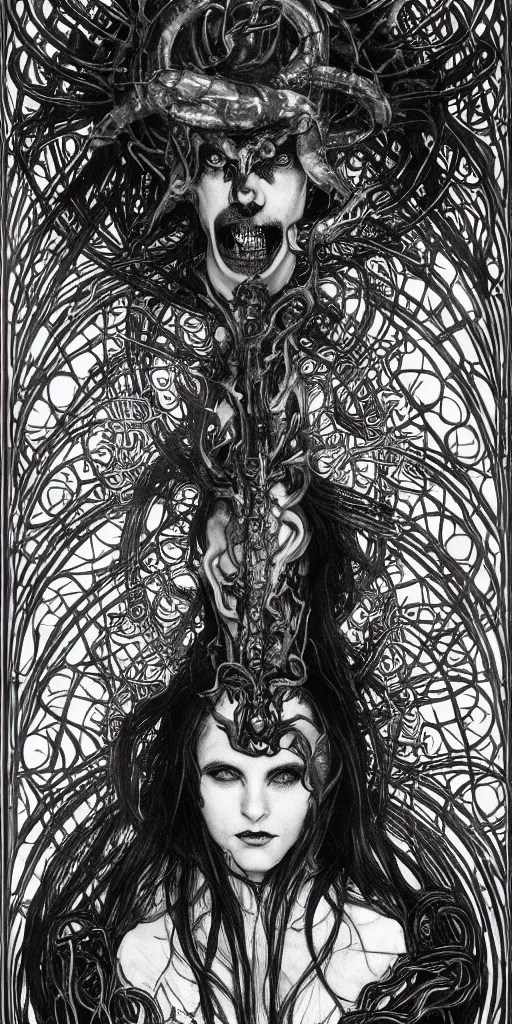 Image similar to intense glowing pagan black metal god with horns and tentacles and intense glowing eyes and a bloody skull in very dark cosmic space by h r giger and alphonse mucha and karol bak, portrait, fantasy, clear, light beams, lens flare, intense, uhd, amazing depth, cinematic lighting, red and black and white