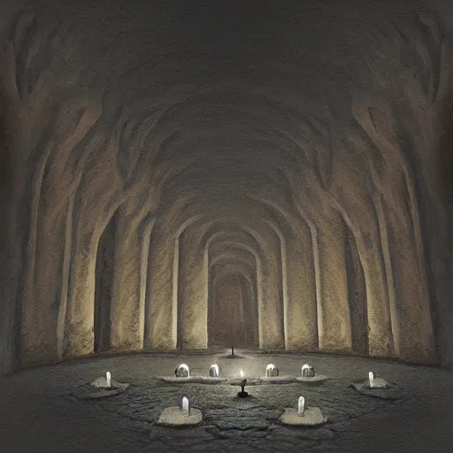 Prompt: vast underground cavernous necropolis with a candle illuminating it, digital painting, dimmed lighting, brown tint, gloomy, photorealistic