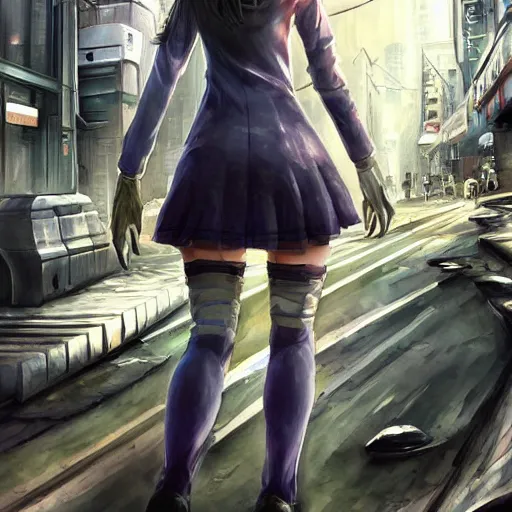 Prompt: dynamic composition, motion, ultra-detailed, incredibly detailed, a lot of details, amazing fine details and brush strokes, colorful and grayish palette, smooth, HD semirealistic anime CG concept art digital painting, watercolor oil painting of Clean and detailed post-cyberpunk sci-fi close-up schoolgirl wearing thigh highs and school uniform, in asian city in style of cytus and deemo, blue flame, relaxing, calm and mysterious vibes,, by a Chinese artist at ArtStation, by Huang Guangjian, Fenghua Zhong, Ruan Jia, Xin Jin and Wei Chang. Realistic artwork of a Chinese videogame, gradients, gentle an harmonic grayish colors. set in half-life 2, Matrix, GITS, Blade Runner, Neotokyo Source, Syndicate(2012), dynamic composition, beautiful with eerie vibes, very inspirational, very stylish, with gradients, surrealistic, dystopia, postapocalyptic vibes, depth of field, mist, rich cinematic atmosphere, perfect digital art, mystical journey in strange world