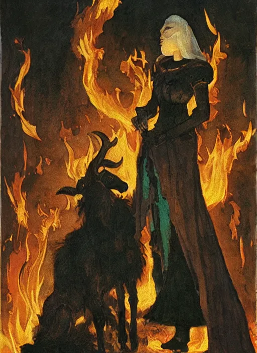 Prompt: styliah witch burning with a goat in her hands, glowing fire, medieval castle, by mikhail vrubel, by peter elson, muted colors, extreme detail, trending on artstation, 8 k