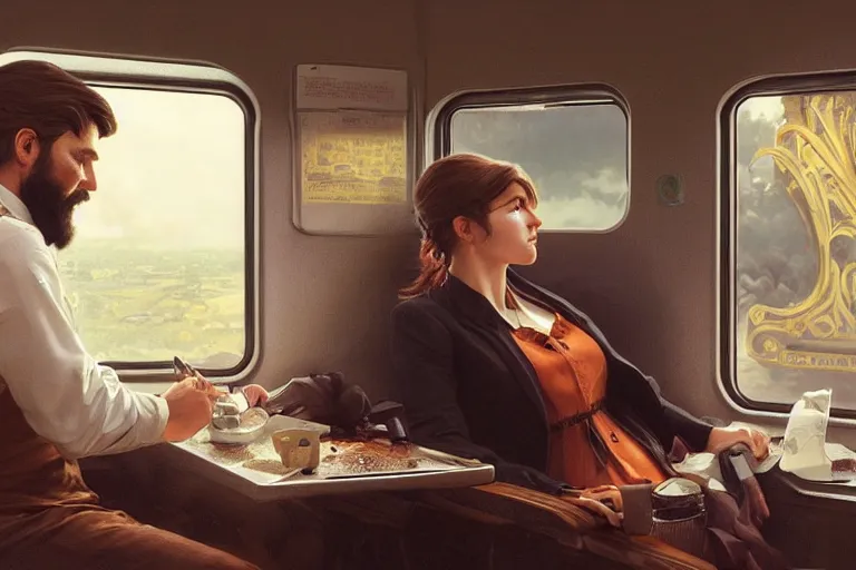 Prompt: portrait painting of a bearded man and a business woman sitting next to each other on a train, ultra realistic, concept art, intricate details, serious, highly detailed, photorealistic, octane render, 8 k, unreal engine. art by artgerm and greg rutkowski and alphonse mucha