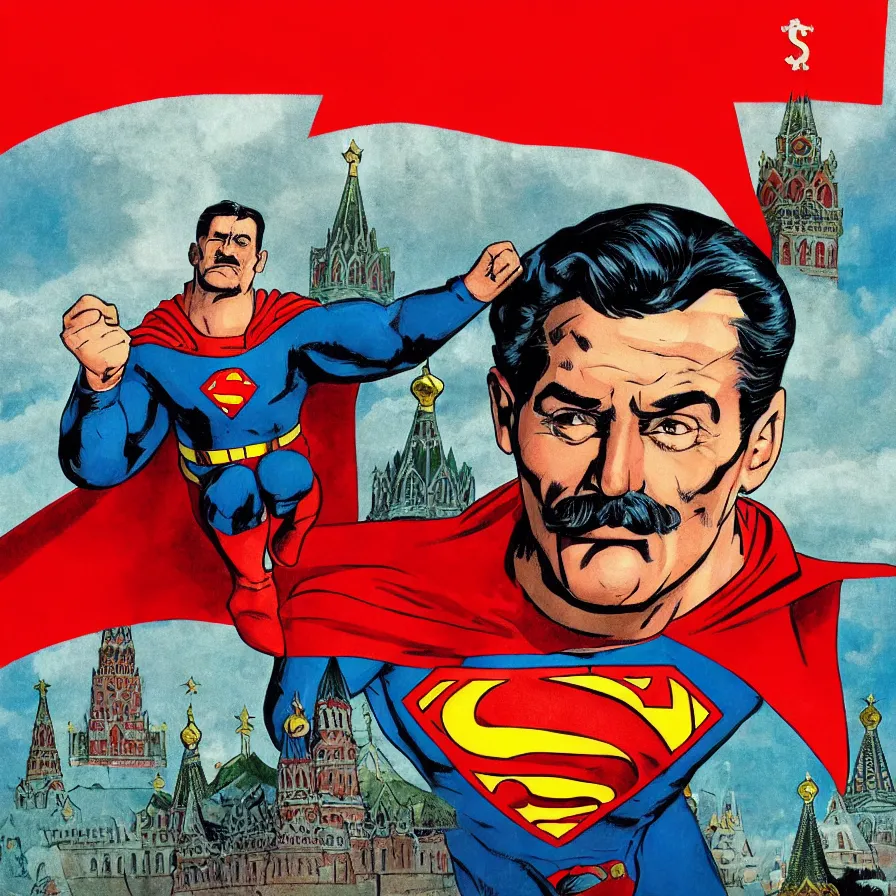 Image similar to epic comic book cover of stalin as superman floating over the red square ( moscow ), hammer and sickle, cccp, ussr, socialist realism, soviet nostalgia, sovietwave aesthetic, photorealistic, intricate digital art, trending artstation, artgem, rich moody colors, fan art, concept art, in the style of the red son