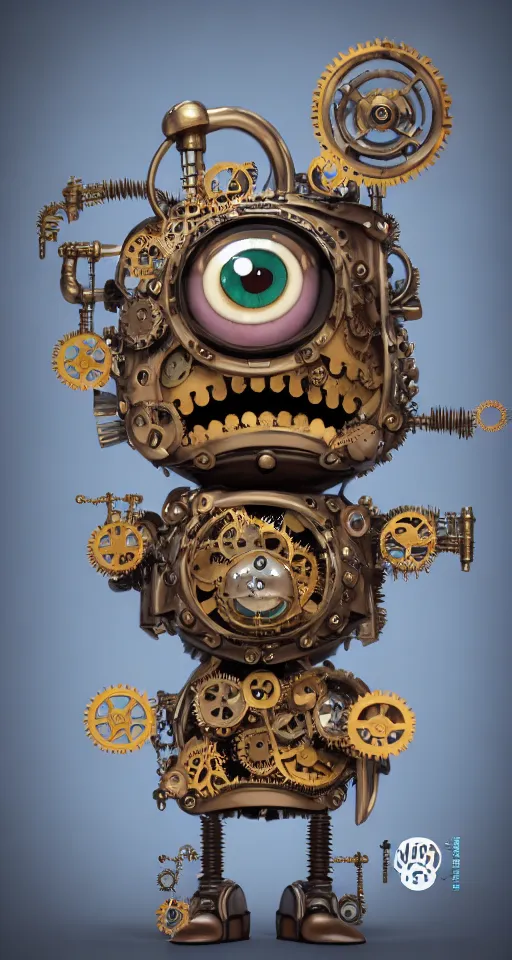 Prompt: a tiny cute steampunk monster with cogs and screws and big eyes smiling and waving, back view, isometric 3d, ultra hd, character design by Mark Ryden and Pixar and Hayao Miyazaki, unreal 5, DAZ, hyperrealistic, octane render, cosplay, RPG portrait, dynamic lighting, intricate detail, summer vibrancy, cinematic
