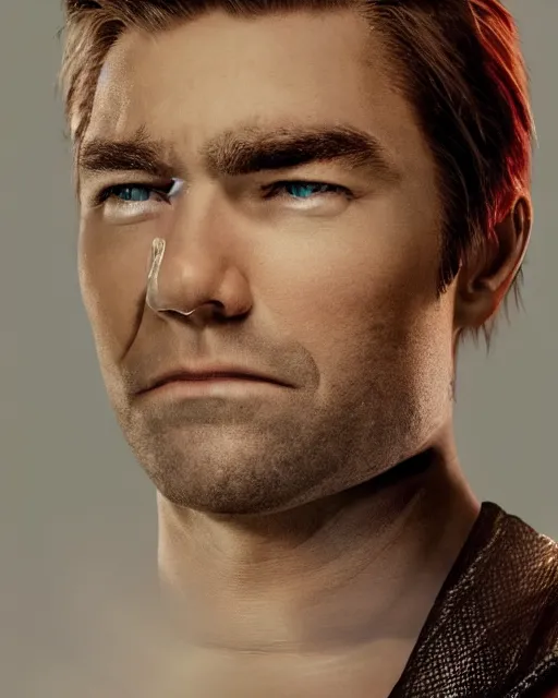 Image similar to an epic dramatic portrait of smirking blonde antony starr as the homelander, john homelander. superhero from the boys tv show, very low angle, detailed face, epic art, trending on artstation, deviantart, high detail, high definiton, ultra realistic, hyper realistic, photo realistic, 4 k uhd