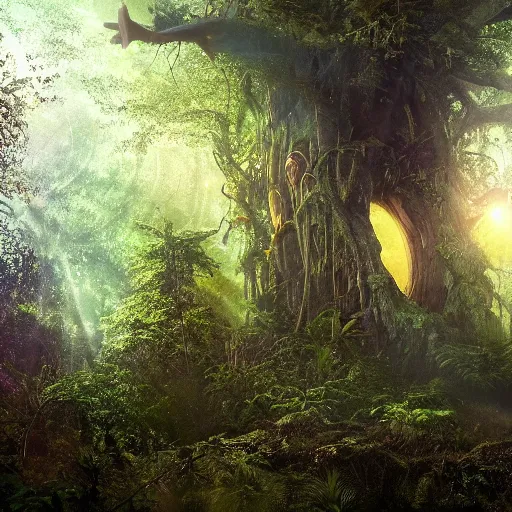 Image similar to horrific, shining portal to the stars, embedded in a terrifying tree in a densely overgrown jungle, fantasy, dreamlike sunraise, ultra realistic, atmospheric, stopped in time, epic