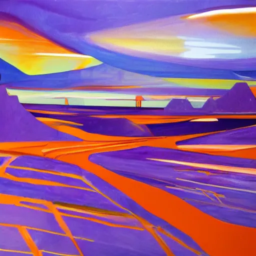 Image similar to futuristic landscape, violet and orange accents