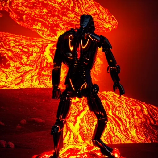Prompt: A frontal view photo of a terminator walking on lava at night
