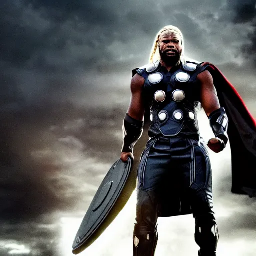 Prompt: A badass photo of black thor walking in a black thor movie, hyper detailed, award winning photography, perfect faces