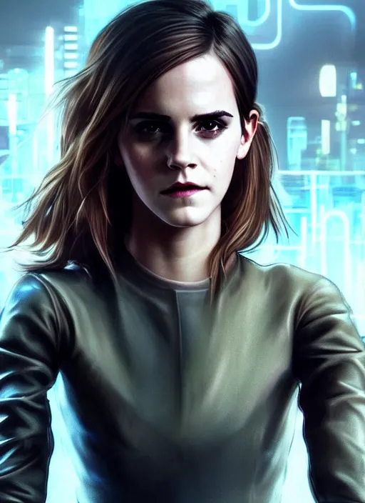 Prompt: portrait of Emma Watson in a Cyberpunk 2077 loading screen, looking at camera, intricate, dystopian, sci-fi, extremely detailed, digital painting, artstation, concept art, smooth, sharp focus, illustration, intimidating lighting, incredible art by artgerm and greg rutkowski and alphonse mucha and simon stalenhag
