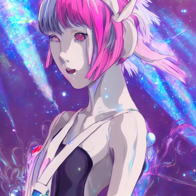 Image similar to rei ayanami, deep space, seascape, grimes, silver hair, shikinami asuka langley, card captor sakura, bunny ears, cosmos, psychedelic flowers, black opal, rainbow aura quartz, organic, oni compound artwork, of character, render, artstation, portrait, wizard, beeple, art, fantasy, epcot, psychedelic glitchcore