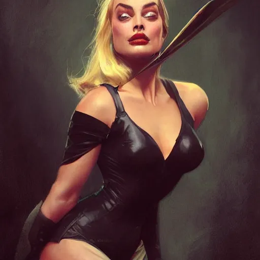 Image similar to margot Robbie as bat girl, painting, by Stanley Artgerm Lau, artstation, greg rutkowski, thomas kindkade, alphonse mucha, loish, norman Rockwell,