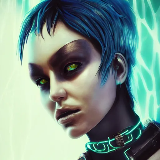 Image similar to detailed realistic cyberpunk female character cyberpunk wearing large steel collar around neck, realistic, art, beautiful, 4K, collar, choker, collar around neck, punk, artstation, detailed, female, woman, choker, cyberpunk, neon, punk, collar, choker, collar around neck, thick collar, choker around neck, wearing choker, wearing collar, bright neon punk hair, collar, choker,