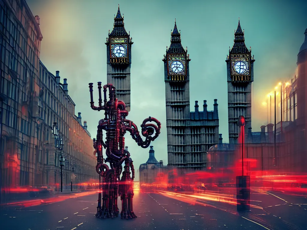 Prompt: a giant ancient beautiful cyborg of the elder gods with pipes and tubes in the city of London, an image of a beautiful cyborg, a beautiful cyborg, a cyborg, London streets with one bigben in the background, colourful, dramatic lighting, spring time, very detailed octane render very realistic beautiful