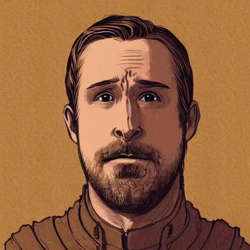 Image similar to portrait of the medieval old ryan gosling, artstation, cartoon, elegant, highly detailed, digital painting, concept art, smooth, clear focus, illustration, works by studio ghibli, makoto shinkai, don bluth, fujita goro, jean giraud, atey gaylan, akihiko yoshida, tom whalen, anton fadeev 8 k