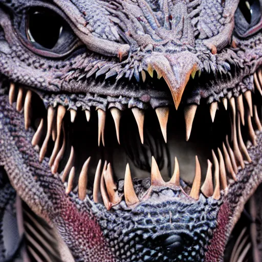 Image similar to a close up of a dragon with teeth bearing down on you