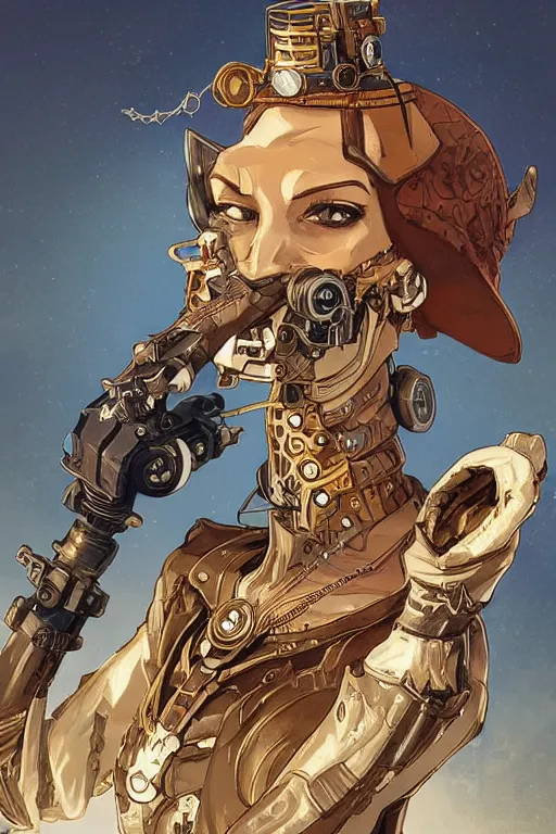 Prompt: anthropomorphic giraffe as steampunk half - cyborg, western gunslinger, high fantasy, dnd, smooth, sharp focus, illustration, highly detailed, digital painting, artstation, concept art, by disney animation, rossdraws, alphonse mucha, frank fanzzeta, collectible card art