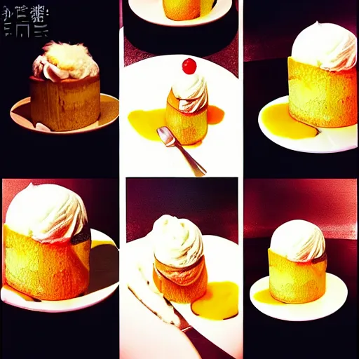 Image similar to Banana orange cake with vanilla icecream, manga, Studio Ghibli masterpiece