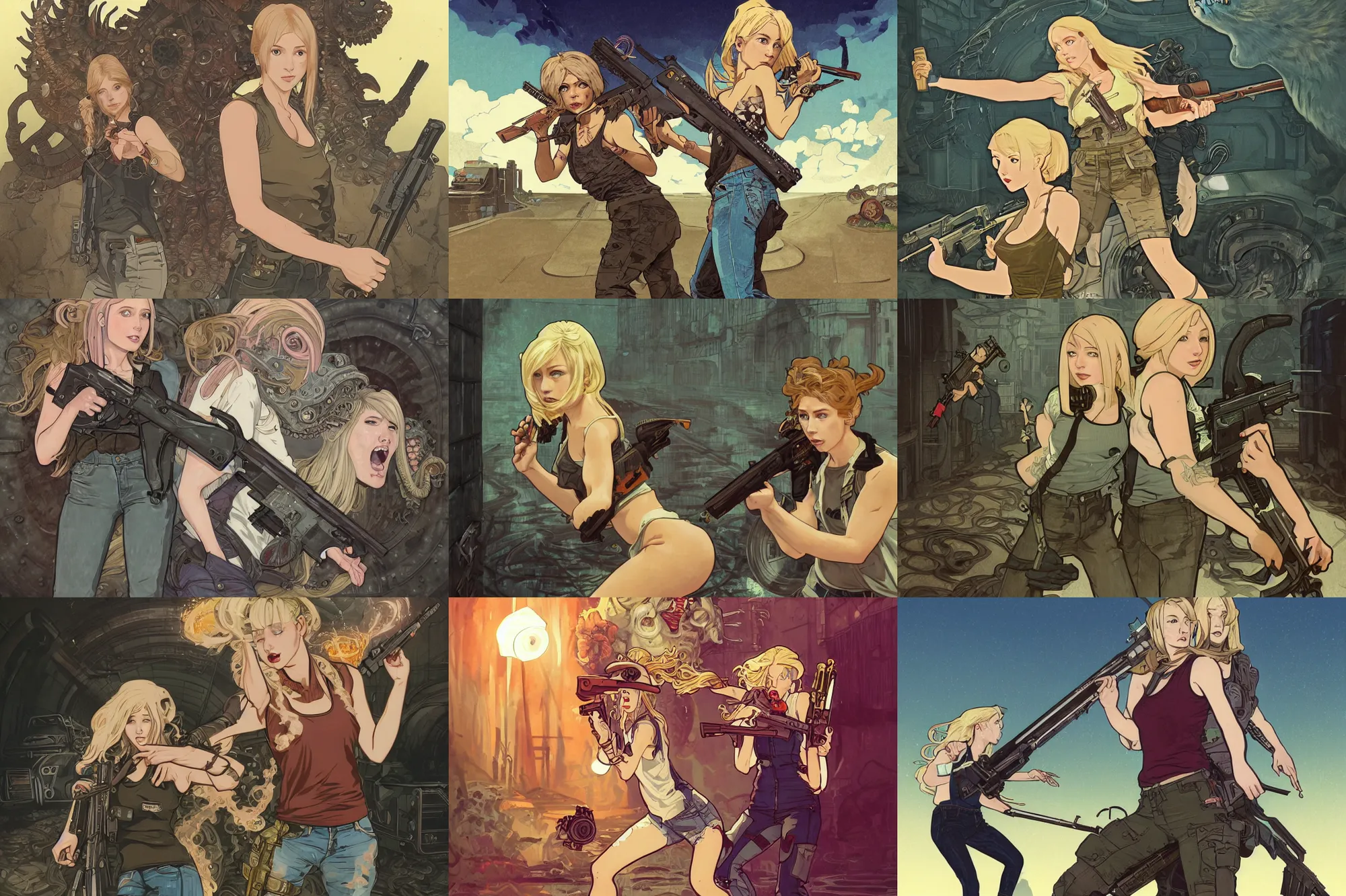 Prompt: Portrait of a shotgun-wielding blonde woman wearing a tank top and jeans battling a Lovecraftian monster in a sewer, horror, highly detailed, artstation, digital illustration, concept art, by Kyoto Animation and Studio Ghibli, by Ilya Kuvshinov and Alphonse Mucha