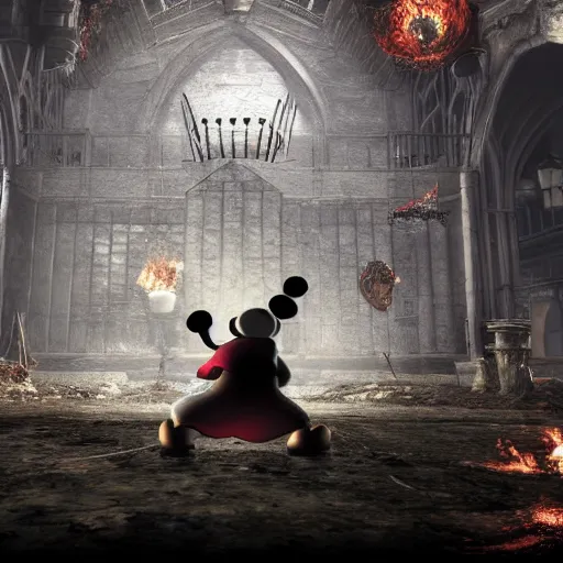 Prompt: Mickey Mouse in Darksouls, screenshot, game magazine