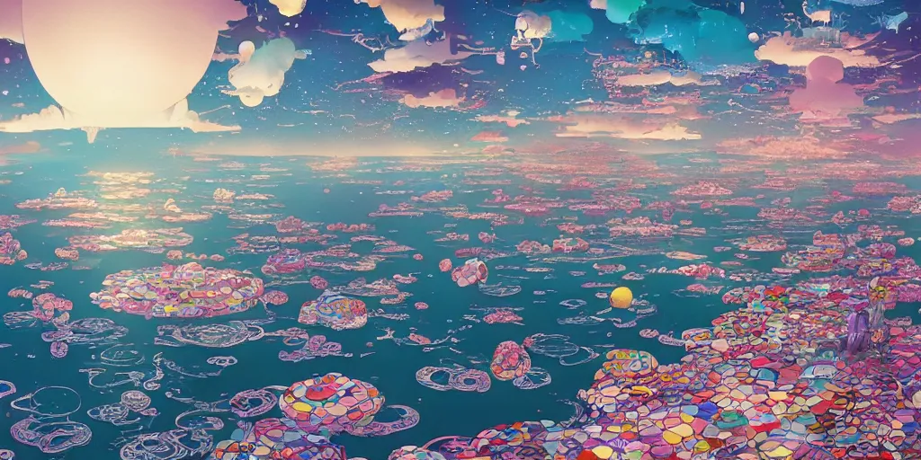 Image similar to a city floating above the sea by takashi murakami,, beeple and james jean, aya takano color style, 4 k, super detailed, night sky, digital art, digital painting, celestial, majestic, colorful