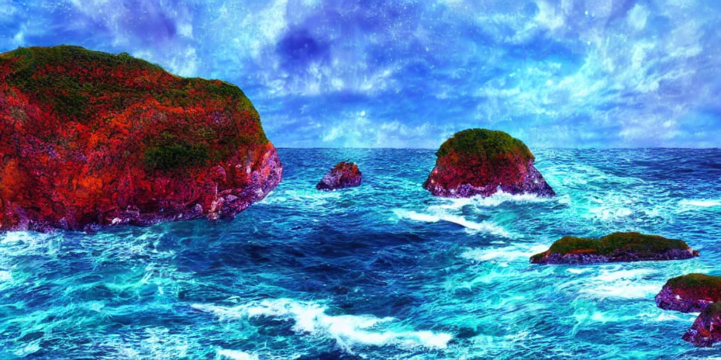 Image similar to glittering multicolored crystal cliffs, viewed from the ocean, high quality digital art,