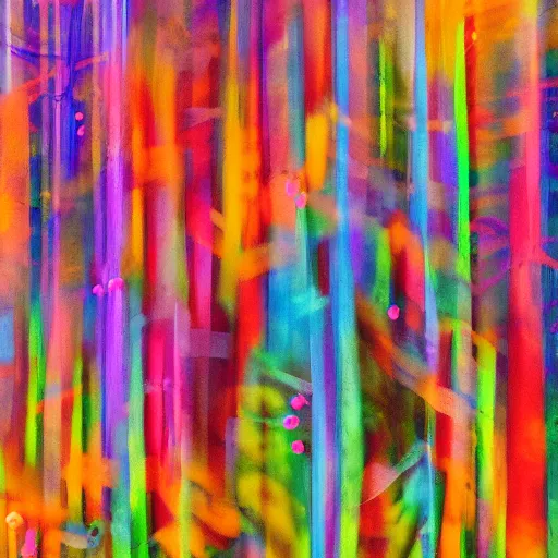 Prompt: lush enchanted forest interlocking with machines by salome totladze, bursts of color, beautiful