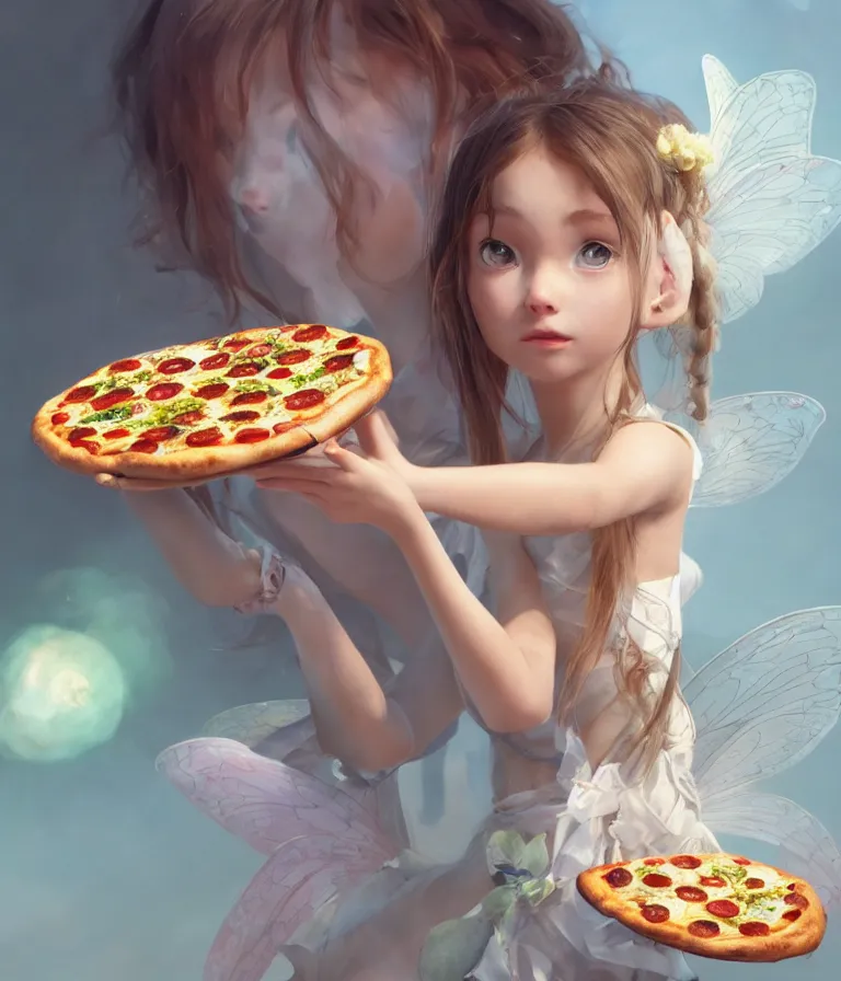 Prompt: a beautiful hyperrealistic detailed 3D render of a fairy girl with pizza instead of wings, by Anton Otto Fischer, Atey Ghailan, genzoman, unreal engine, octane render, gigantic, 3D, brilliantly coloured, intricate, ultra wide angle, trending on artstation, embers, smoke, dust, dusk, volumetric lighting, HDR, polished, micro details, ray tracing, 8k,