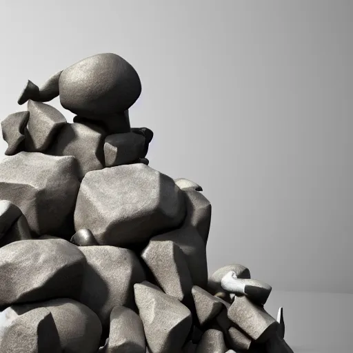 Image similar to abstract modern sculpture made of piled stones, wood, nails, photorealistic, cinematic light, 3 d rendering, higly detailed, minimalist, made with unreal engine, cgsociety, by yves tanguy, by nate boyce, by david smith