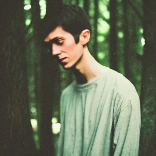 Image similar to close up kodak portra 4 0 0 photograph of a skinny guy standing in dark forest, face of flowers, moody lighting, telephoto, 9 0 s vibe, blurry background, vaporwave colors, faded!,