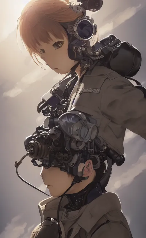 Image similar to pilot girl, cyborg aircraft parts, anime style, vintage pilot clothing, shoulder eyes, last exile anime, hair down, symmetrical facial features, from arknights, hyper realistic, 4 k, rule of thirds, extreme detail, detailed drawing, trending artstation, realistic lighting, by alphonse mucha, greg rutkowski, flight instruments