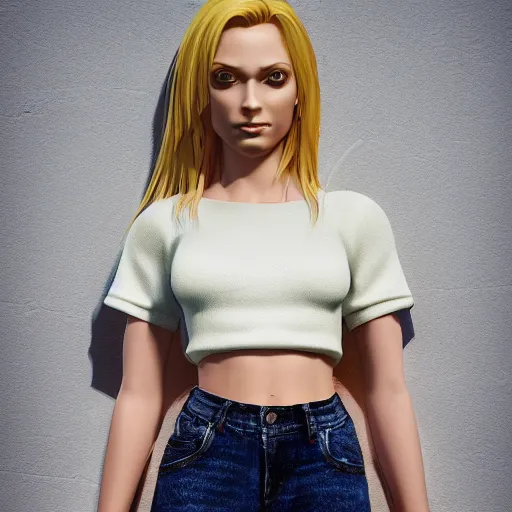 Image similar to Portrait of a Blonde Girl, Young Beautiful Face, Green Eyes, Freckles, Wearing a white crop-top and jeans, with a subtle smile, Detailed, 8K, Epic, Charming, Character, Octane Rendering, Hyper Realistic