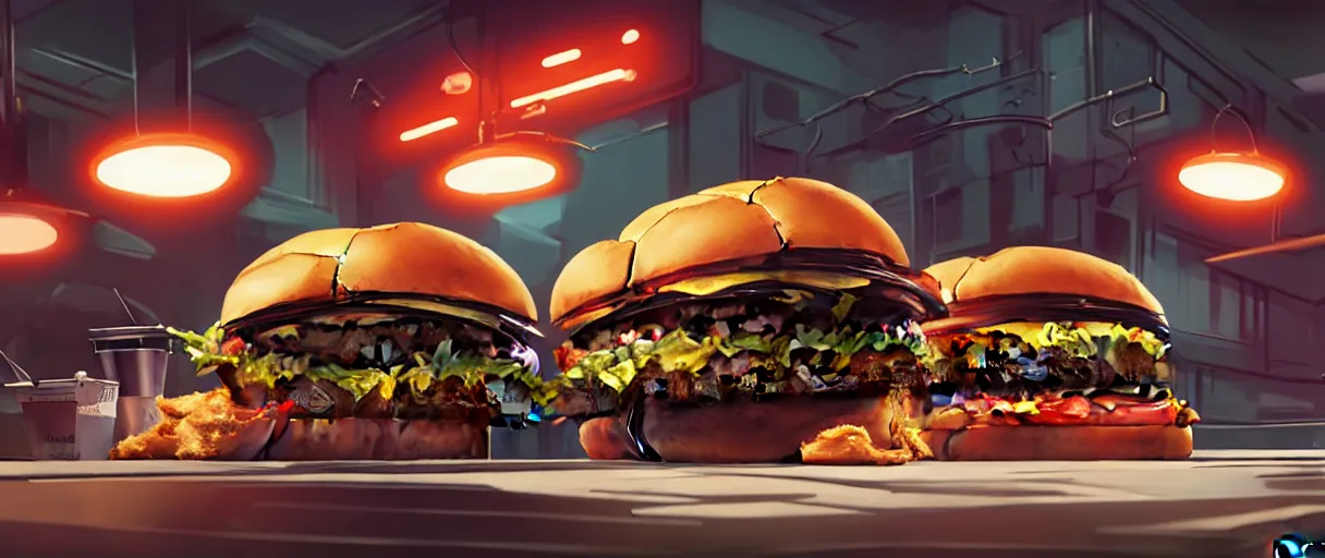 Prompt: hyperrealistic hyper detailed graphic novel choonky catman crushing burgers concept art james paick syd mead sharp cinematic lighting 8k wide angle shallow depth of field