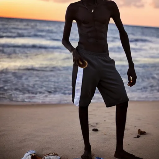 Prompt: a 2 0 year old somali man, with long black curly hair, shirtless on the beach, smoking a cigar, wearing adidas track pants