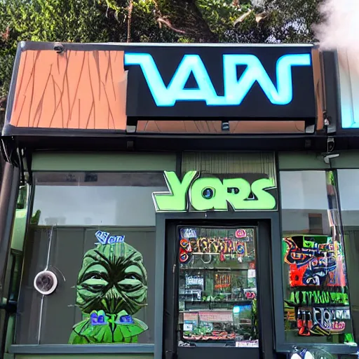 Prompt: yoda themed vape and bong shop exterior