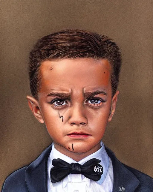 Prompt: portrait of a 7 year old child boss, gritty, serious, wearing a suit and a tie, very detailed eyes, hyperrealistic, beautiful, very detailed painting by Glenn Fabry, by Joao Ruas, by Artgerm