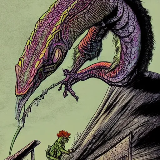 Prompt: precisely drawn illustration of a basilisk, wide angle, sharp, fine details, French comic style, vibrant realistic colors, full color, heroic fantasy, intense line art, 8k, precise linework, realistic, in the style of Heavy Metal Comics and Richard Corben and Moebius