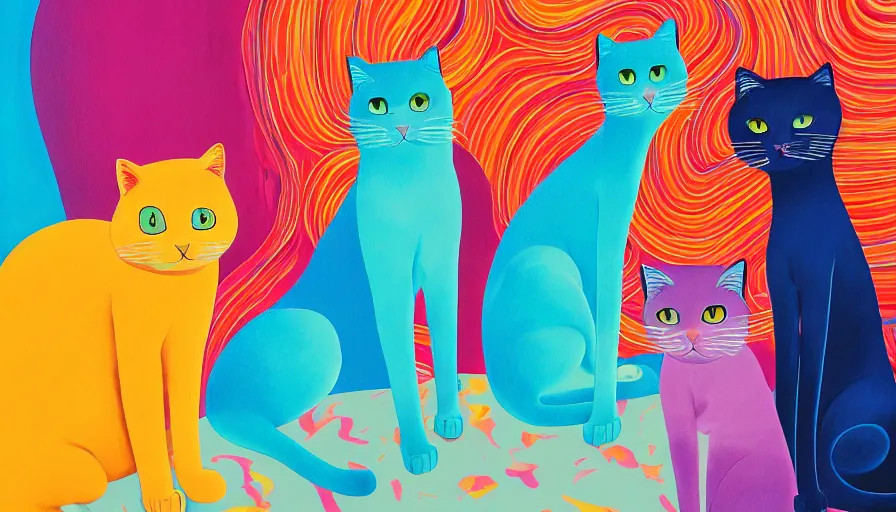 Image similar to contemporary semi abstract acrylic painting of really tall sitting cats by makoto shinkai, by lisa frank, by victo ngai, by kessler art, thick brush strokes and visible paint layers, multicolor color scheme