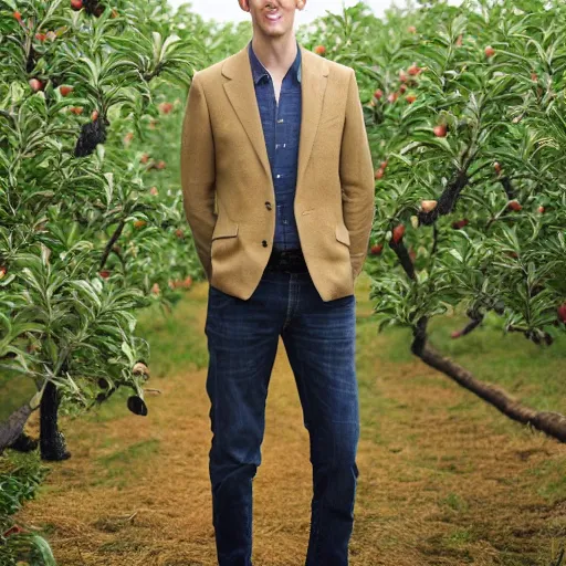Prompt: portrait of a tall elven man, standing in an apple orchard, dressed well, very handsome